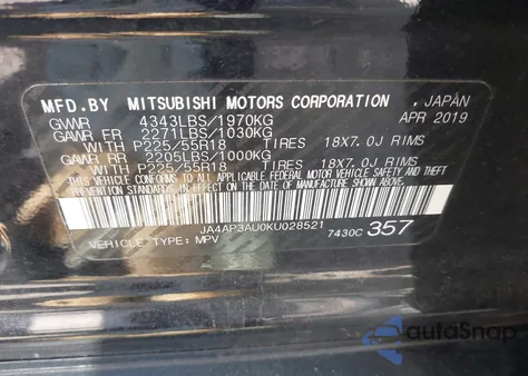 2019 Mitsubishi Outlander Sport Es from USA, damaged, VIN JA4AP3AU0KU028521